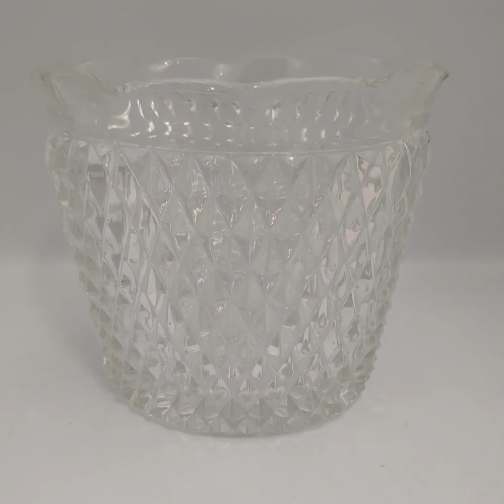 Vintage Indiana Glass Clear Diamond Point Ruffled Ice Bucket 5 3/8
